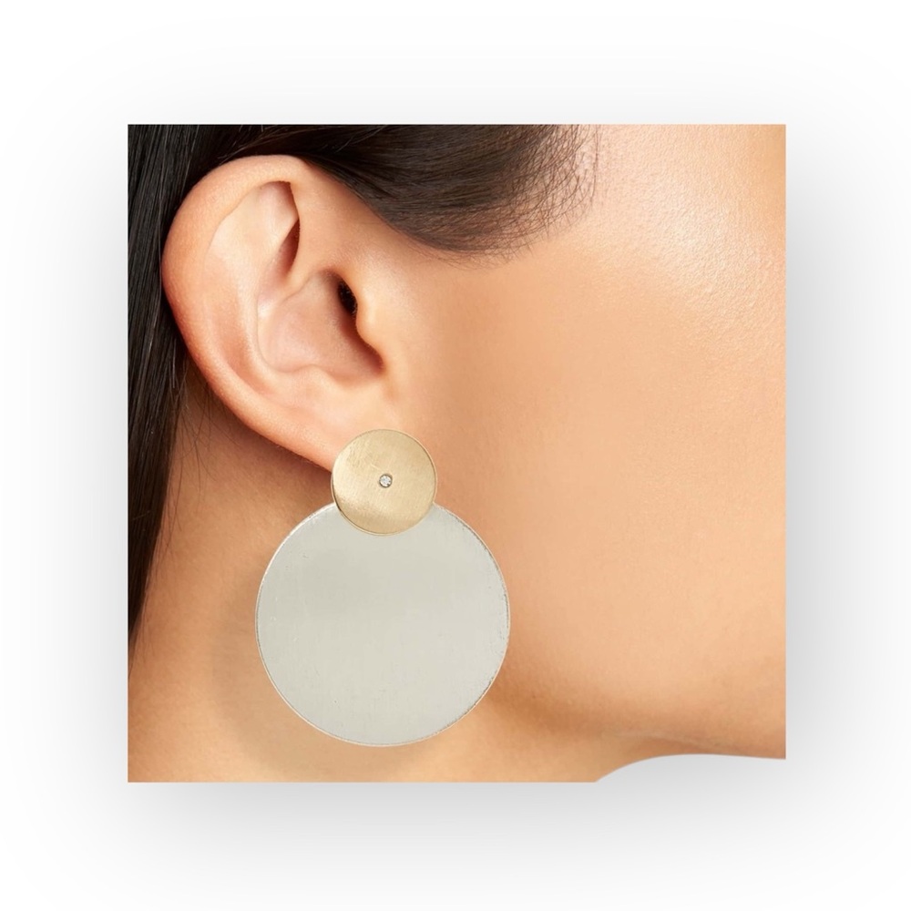 new Zen Sculptural Stack Disc ❉ Drop Earrings ❉ Gold Silver Tone ❉ Tiny Crystal - Picture 2 of 16